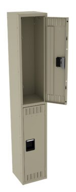 A beige metal locker stands upright with its top door open, revealing an empty interior. The locker has a vented design with a closed bottom compartment.