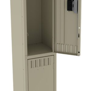 A beige metal locker stands upright with its top door open, revealing an empty interior. The locker has a vented design with a closed bottom compartment.