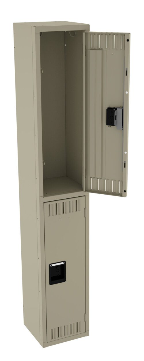 A beige metal locker stands upright with its top door open, revealing an empty interior. The locker has a vented design with a closed bottom compartment.