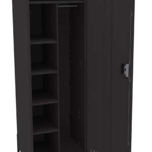 A black metal storage locker with one open door. Inside, there is a vertical rod for hanging items and four shelves on the left side for additional storage. The locker has a sleek, minimalist design.
