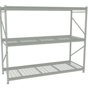 A large, empty industrial storage shelf with three tiers, made of metal with a grid pattern on each level, is positioned against a plain white background.