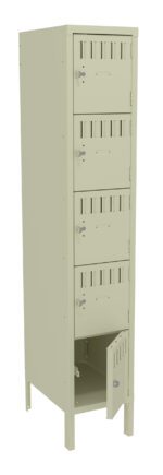 A beige metal locker with four compartments, each having ventilation slots and a lockable latch. The bottom compartment is open, showing the empty interior. The locker stands on four short legs.