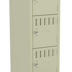 A beige metal locker with four compartments, each having ventilation slots and a lockable latch. The bottom compartment is open, showing the empty interior. The locker stands on four short legs.