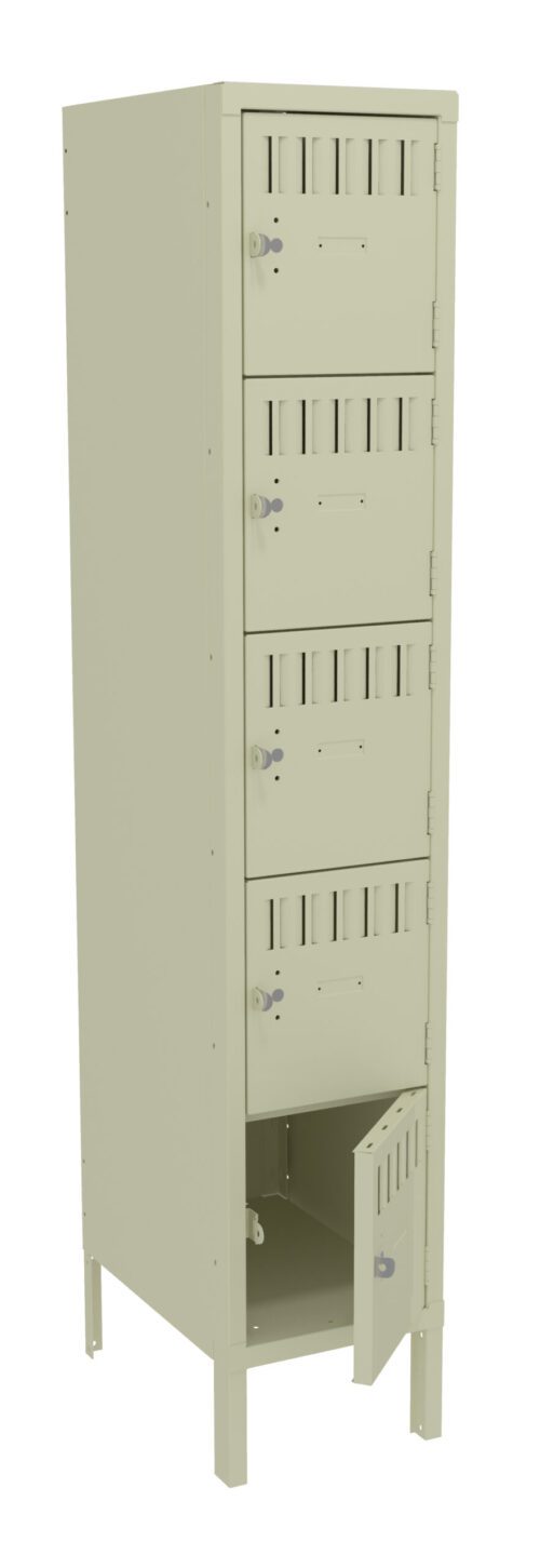 A beige metal locker with four compartments, each having ventilation slots and a lockable latch. The bottom compartment is open, showing the empty interior. The locker stands on four short legs.