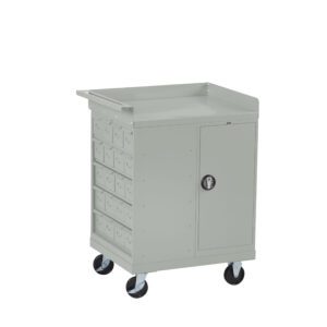 A gray metal rolling cart with a handle, featuring multiple small drawers on the left and a tall compartment with a door on the right. It has four black wheels for mobility.