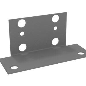 A gray metal bracket with a right-angled design. The vertical section has four circular holes: two large and two smaller ones in a vertical line. The horizontal section has two smaller holes near the ends.