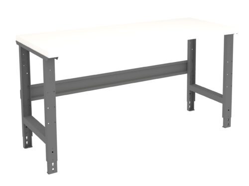 A sturdy industrial-style workbench with a white rectangular tabletop and gray metal legs. The design features adjustable brackets for added support. The bench is set against a plain white background.