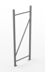 Metal shelving frame with vertical and diagonal supports, featuring multiple holes for adjustable shelving. The frame stands on a white background.