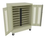 A beige mobile storage cabinet with two open doors revealing multiple adjustable shelves and a central electrical strip. The cabinet is on wheels, allowing for easy movement. The doors have a perforated pattern to facilitate ventilation.