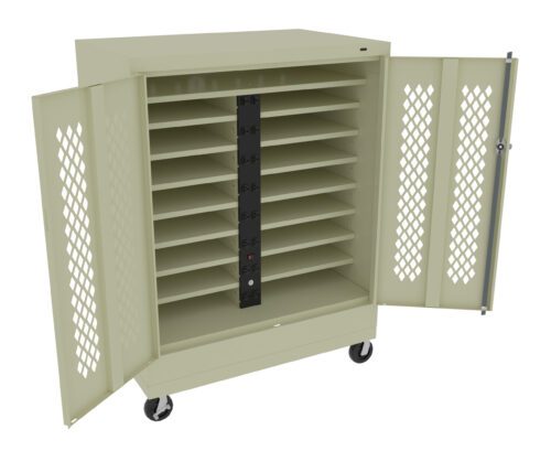 A beige mobile storage cabinet with two open doors revealing multiple adjustable shelves and a central electrical strip. The cabinet is on wheels, allowing for easy movement. The doors have a perforated pattern to facilitate ventilation.