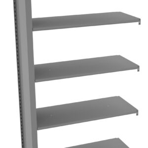 A gray metal shelving unit with five shelves, shown from a side angle. The shelves are evenly spaced and supported by vertical metal frames. The design is minimalist and industrial.