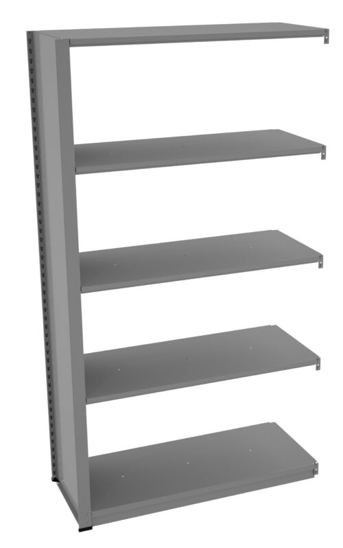 j7m3tl41pjmmg6njm5cr.jpg A gray metal shelving unit with five shelves, shown from a side angle. The shelves are evenly spaced and supported by vertical metal frames. The design is minimalist and industrial.