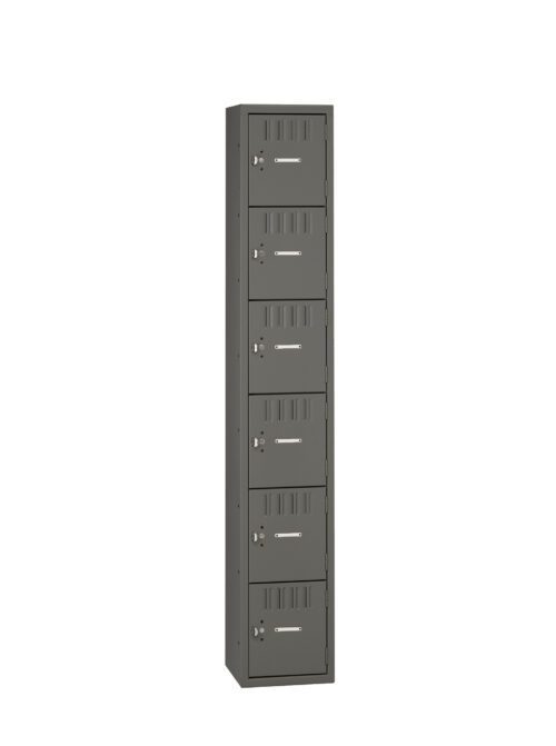 A tall, green metal locker with six compartments, each with a ventilation slot and a key lock. The locker is freestanding against a white background.