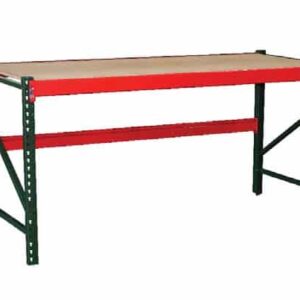 A sturdy workbench with a wooden top, supported by a metal frame. The frame features green legs with angled supports and a red horizontal beam underneath the tabletop, providing stability. The bench has an industrial design.