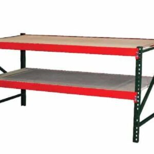 A heavy-duty, two-tier warehouse or garage shelving unit with a green metal frame and red supports. The top shelf has a wooden surface, and the bottom shelf appears to be made of metal mesh.