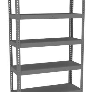 A gray metal shelving unit with five evenly spaced shelves. The frame has small holes along the vertical supports, suggesting adjustability. The unit is empty and stands against a white background.
