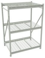A three-tier metal shelving unit with wire grid shelves and a light gray finish. The structure features vertical supports and reinforced crossbars, suitable for storage in warehouses or garages.