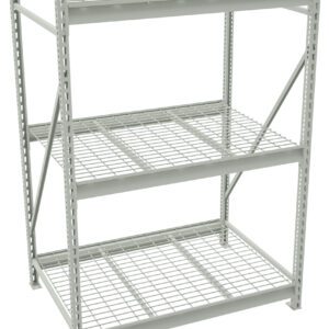 A three-tier metal shelving unit with wire grid shelves and a light gray finish. The structure features vertical supports and reinforced crossbars, suitable for storage in warehouses or garages.