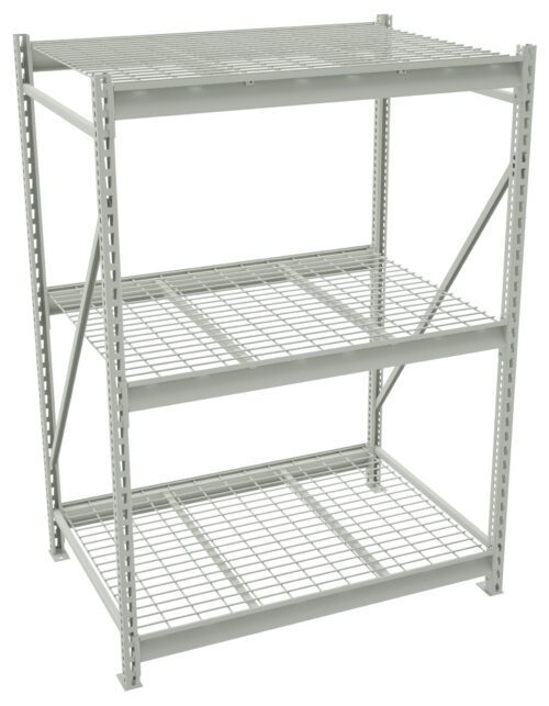 A three-tier metal shelving unit with wire grid shelves and a light gray finish. The structure features vertical supports and reinforced crossbars, suitable for storage in warehouses or garages.