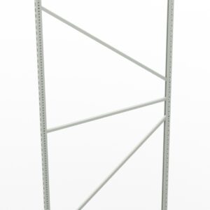 A gray metal shelving frame with vertical posts, diagonal support bars, and perforations for adjustable shelving. The frame is standing upright against a plain white background.