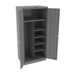 A gray metal storage cabinet with two doors opened, revealing multiple shelves on the right side and a single tall compartment on the left. The cabinet is empty and set against a plain white background.