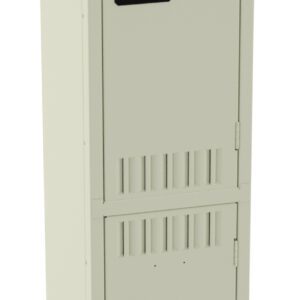 A tall metal locker with two compartments, each featuring a rectangular black handle. The locker is beige with vents on the doors for airflow.
