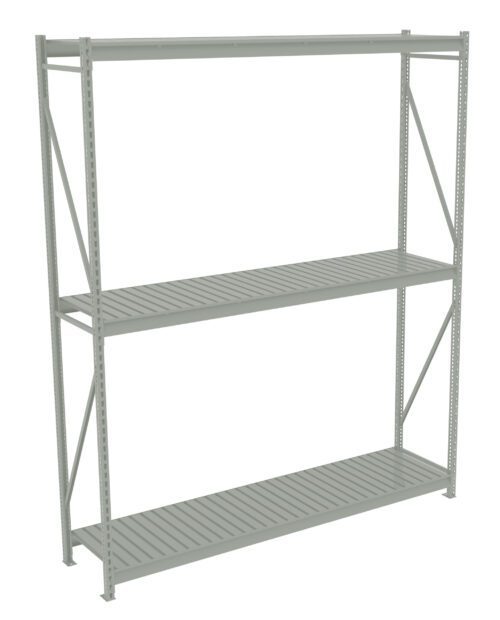 A large, empty, metal shelving unit with three levels and a light gray finish. It features a sturdy frame with vertical and horizontal supports, set against a white background.