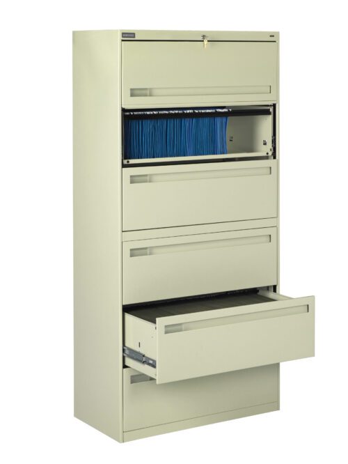 A beige metal filing cabinet with five drawers. The top drawer is open, revealing blue hanging file folders, while the second drawer is partially open, and the other drawers are closed. A lock is visible at the top.