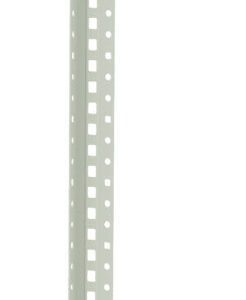 A vertical, narrow, light gray metal strip with evenly spaced rectangular cutouts along its length.