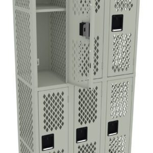A metal locker unit featuring six vented compartments with a lattice design. Each compartment has a black latch for securing the doors. The upper left locker is open, displaying an empty shelf inside. The lockers are light gray.