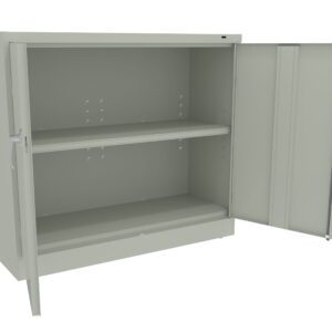 Open metal cabinet with two shelves and double doors slightly ajar. The cabinet is light gray, with a smooth surface and a simple design. The shelves appear adjustable, with visible peg holes along the sides.