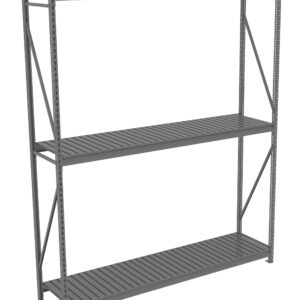 A gray metal shelving unit with three slatted shelves. The unit has a simple frame design with vertical support beams and cross braces for stability. It stands on a flat surface, empty and ready for storage use.