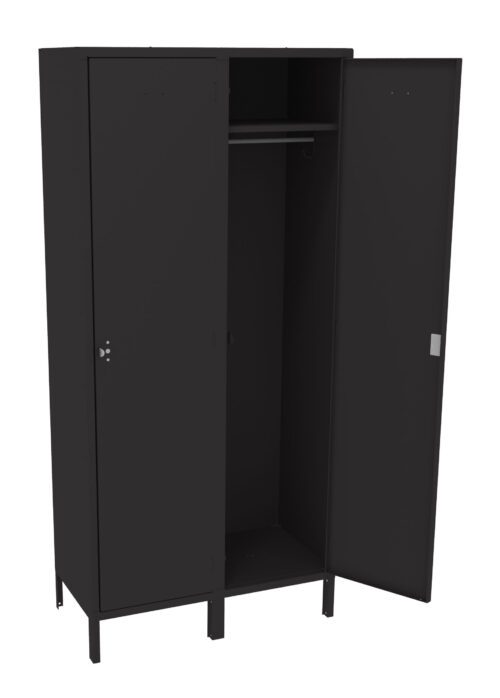 Black metal storage locker with three compartments. The middle door is open, revealing an empty interior with a single rod for hanging items. The left and right doors are closed. The locker is standing on four legs.
