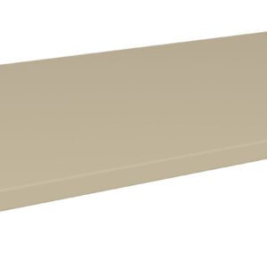 A beige metal shelf with a rectangular shape and a smooth surface, viewed at an angle, against a white background.
