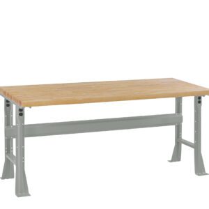A wooden workbench with a light brown top and sturdy gray metal legs and frame, featuring adjustable height settings. The design is simple and functional, suitable for various workshop or garage activities.