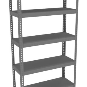 A gray metal shelving unit with five adjustable shelves, suitable for storage and organization in various settings.