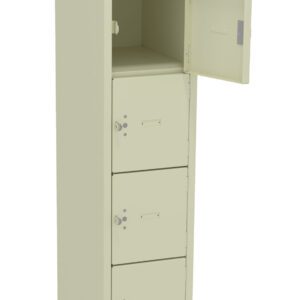 A tall, beige storage locker with six compartments. The second compartment from the top is open, revealing an empty space inside. The locker has identical locks on each compartments door.
