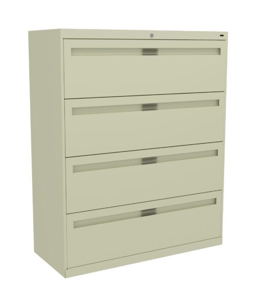 A beige, four-drawer filing cabinet with sleek, horizontal handles is pictured. The cabinet has a lock on top, and its design is minimalist, emphasizing practical storage for office or home use.