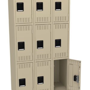 A beige metal locker unit with three columns and three rows, totaling nine compartments. The bottom right locker door is open, showing the empty interior. Each locker door has a black handle.