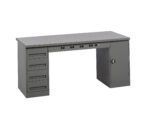 A long, gray utility workbench with multiple storage options. It features four drawers on the left, a lockable cabinet on the right, and several power outlets with USB ports mounted under the tabletop.