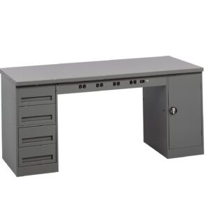 A long, gray utility workbench with multiple storage options. It features four drawers on the left, a lockable cabinet on the right, and several power outlets with USB ports mounted under the tabletop.