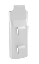 A white plastic wall mount featuring two curved hooks designed for holding objects. The mount has a smooth, modern design with a slightly flared top.