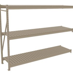 A beige, three-tier metal storage shelf with horizontal slatted shelves and vertical support beams on one side, designed for heavy-duty storage. The shelves are evenly spaced, and the structure stands on a flat surface.