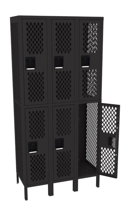 jixhv3ronqlgfjzdt5ca.jpg A black metal locker unit with six compartments, arranged in two rows of three. The doors feature a diamond-shaped perforated pattern. The bottom right door is open, revealing the empty interior.