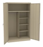 Open beige metal cabinet with double doors. The interior has a hanging rod on the left and four adjustable shelves on the right.
