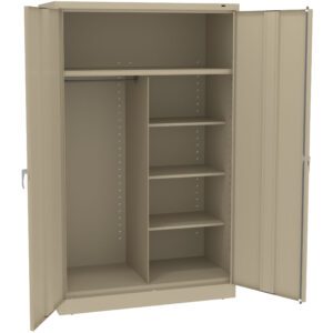 Open beige metal cabinet with double doors. The interior has a hanging rod on the left and four adjustable shelves on the right.