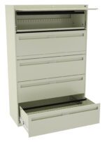 A tall, beige metal filing cabinet with four drawers. The top drawer is slightly open, and the bottom drawer is fully open, showing empty interiors. The cabinet has a minimalist design with horizontal handles.