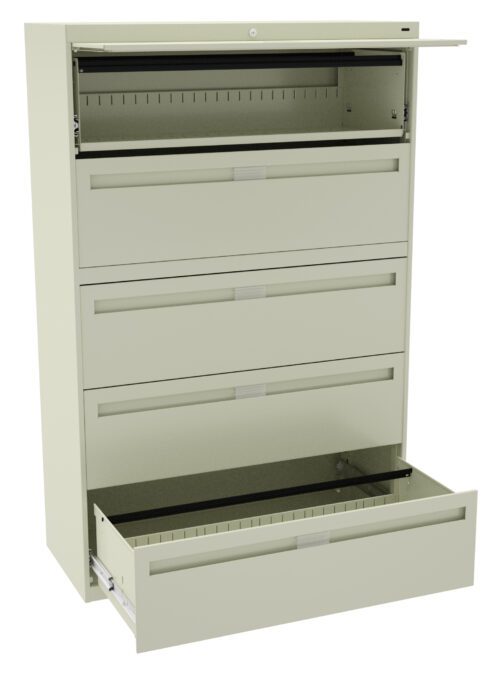 A tall, beige metal filing cabinet with four drawers. The top drawer is slightly open, and the bottom drawer is fully open, showing empty interiors. The cabinet has a minimalist design with horizontal handles.