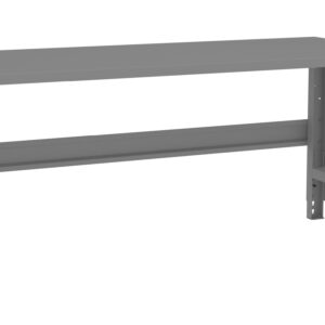 A sturdy, gray metal workbench with a flat rectangular top and adjustable legs. The design is simple and industrial, featuring a horizontal support beam between the legs for added stability.