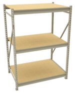 A metal storage rack with three wooden shelves. The design is utilitarian, with perforated steel beams for adjustable shelving. The structure is suitable for garage or warehouse storage, displaying an empty and sturdy appearance.